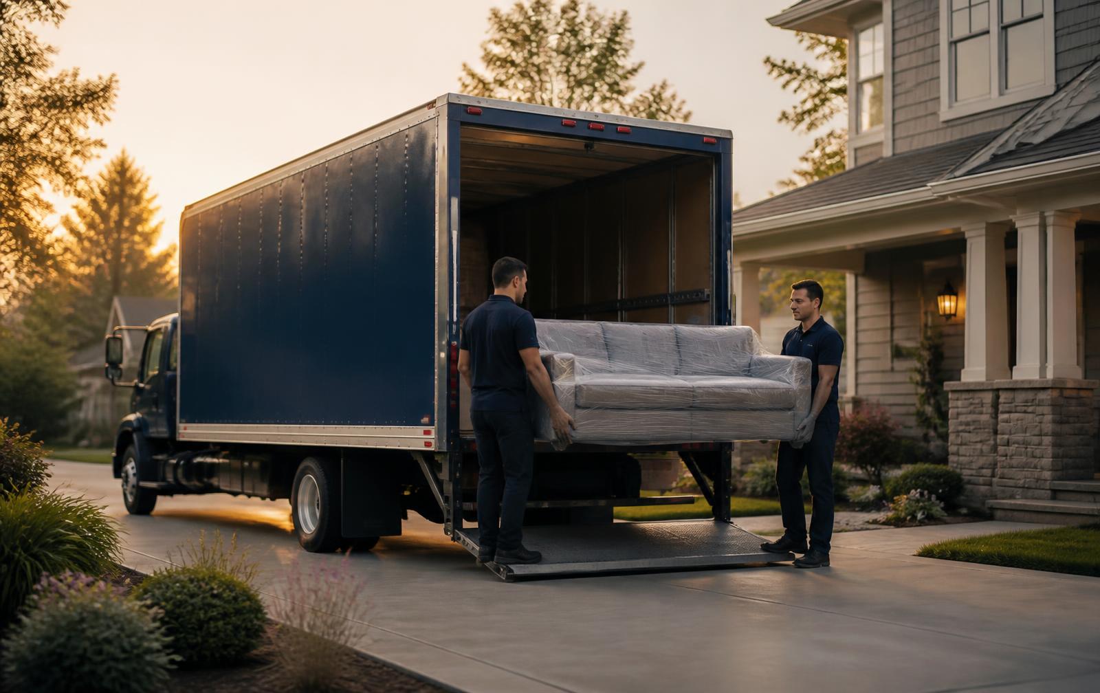 Uniformed crew loading a wrapped sofa into a navy service truck at a Naperville home